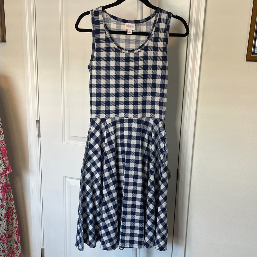 LuLaRoe Blue and White Checkered Midi Dress